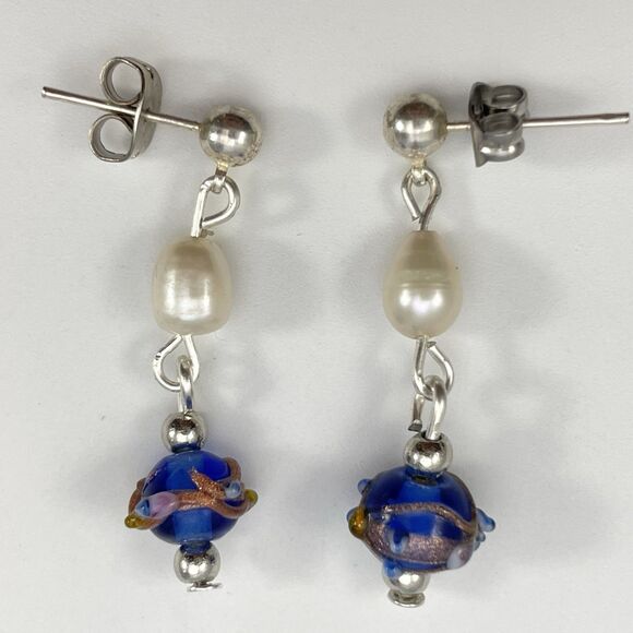 Artisan Handmade Vintage Wedding Cake Murano Venetian Glass Pearl Earrings - Picture 3 of 5